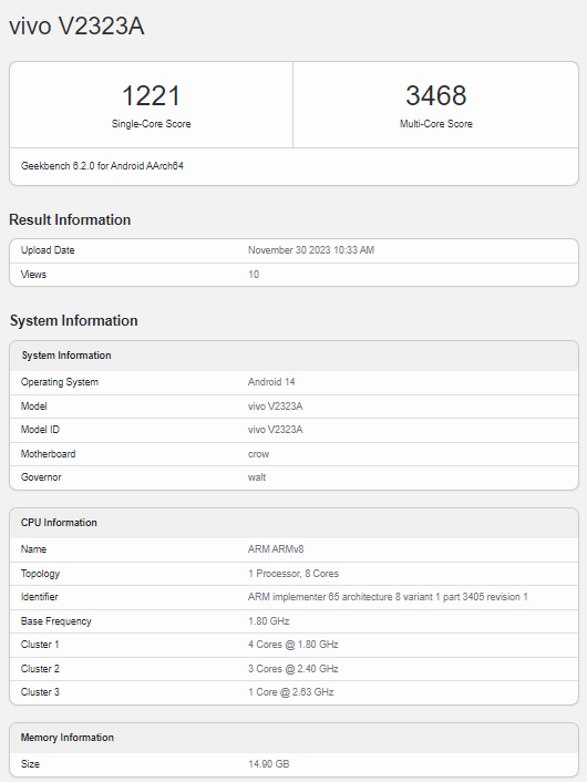 Vivo S18 Geekbench puanı