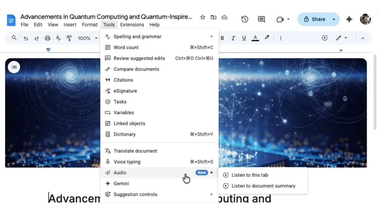 Google Docs sesli özetler