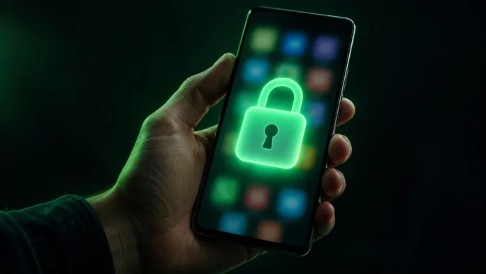 android-17-qpr3-beta-3-uygulama-kilidi Kilit simgesi beliren ekranıyla elde tutulan bir Android akıllı telefon