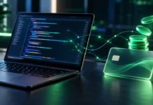 ChatGPT Pro ve Business Abonelerine Ayda 500 Dolara Kadar API Kredisi Dizüstü bilgisayar ekranında kod satırları ve yanında yükselen yeşil dijital jetonlar