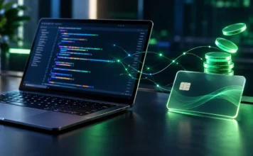 ChatGPT Pro ve Business Abonelerine Ayda 500 Dolara Kadar API Kredisi Dizüstü bilgisayar ekranında kod satırları ve yanında yükselen yeşil dijital jetonlar
