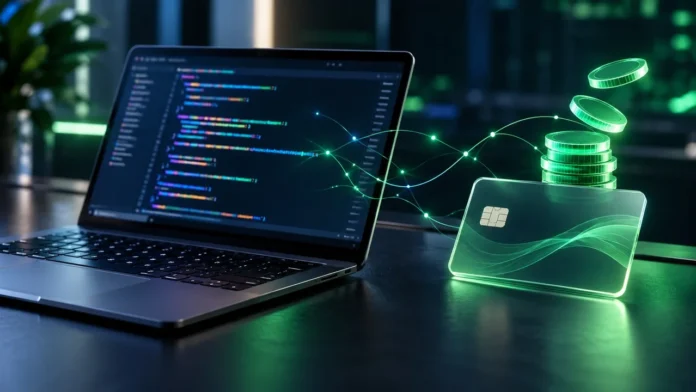 chatgpt-pro-api-kredisi Dizüstü bilgisayar ekranında kod satırları ve yanında yükselen yeşil dijital jetonlar