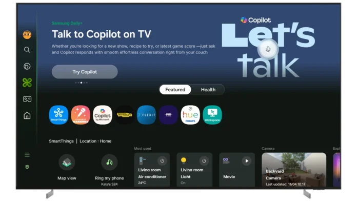 Ana ekranında Copilot karşılama sayfası açık bir Samsung akıllı televizyon