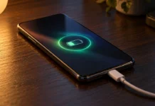 Galaxy S27’nin Şarj Hızı Yine 25 W’ta Kalabilir: Yeni Sertifika Çıktı Masada şarj kablosuna takılı, ekranı açık bir Samsung Galaxy akıllı telefon