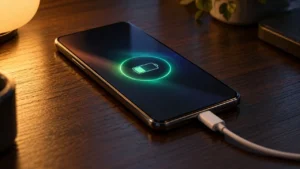 Masada şarj kablosuna takılı, ekranı açık bir Samsung Galaxy akıllı telefon
