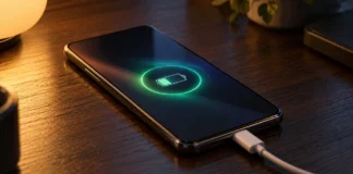 Masada şarj kablosuna takılı, ekranı açık bir Samsung Galaxy akıllı telefon