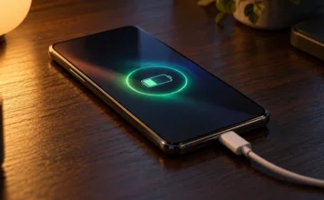 Galaxy S27’nin Şarj Hızı Yine 25 W’ta Kalabilir: Yeni Sertifika Çıktı Masada şarj kablosuna takılı, ekranı açık bir Samsung Galaxy akıllı telefon