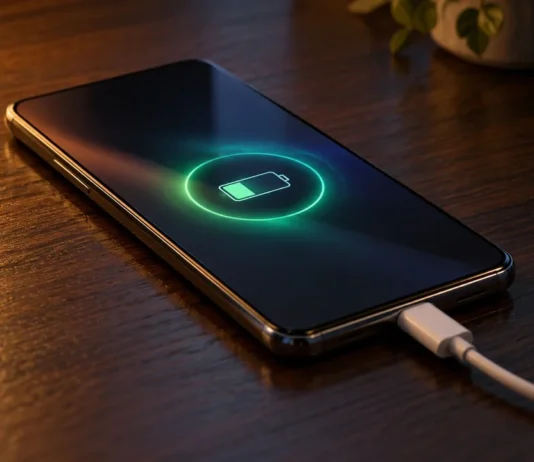Galaxy S27’nin Şarj Hızı Yine 25 W’ta Kalabilir: Yeni Sertifika Çıktı Masada şarj kablosuna takılı, ekranı açık bir Samsung Galaxy akıllı telefon