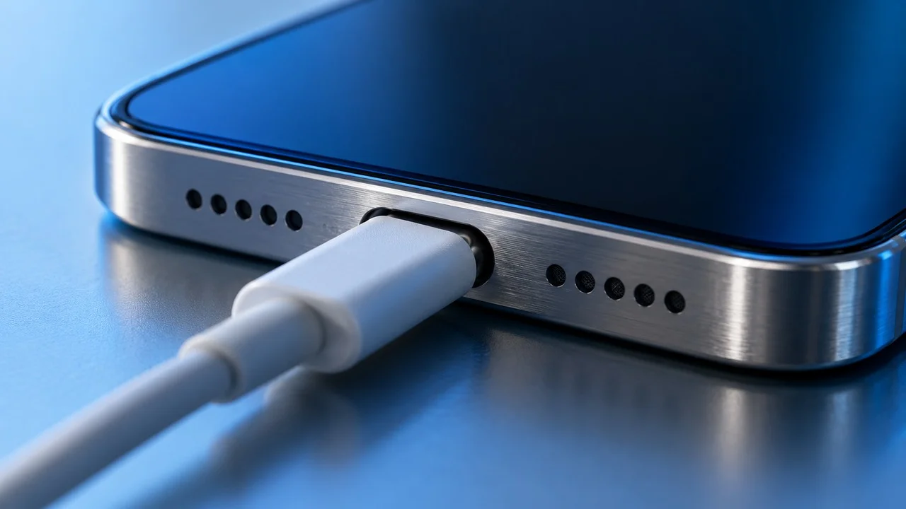 Akıllı telefonun USB-C girişine takılı şarj kablosunun yakın planı