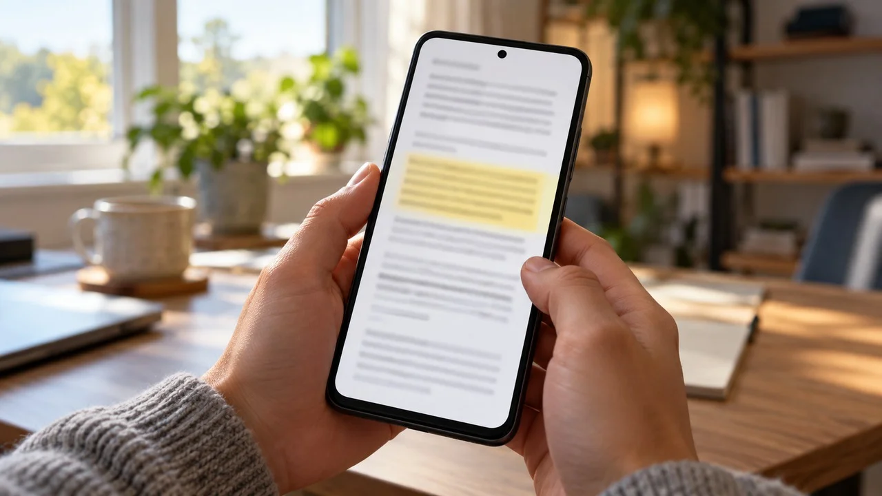 Akıllı telefon ekranında açık bir PDF belgesini düzenleyen kişinin elleri