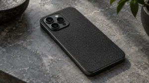 Kumaş dokulu arka yüzeye sahip koyu renkli bir akıllı telefonun masada duruşu