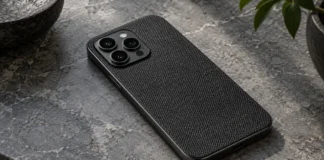 Kumaş dokulu arka yüzeye sahip koyu renkli bir akıllı telefonun masada duruşu
