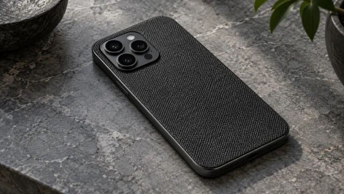 motorola-signature-27-tanitim-tarihi Kumaş dokulu arka yüzeye sahip koyu renkli bir akıllı telefonun masada duruşu