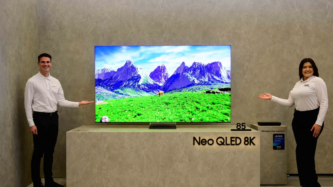 CES 2025 standında sergilenen Samsung Neo QLED 8K televizyon ve yanında iki Samsung çalışanı
